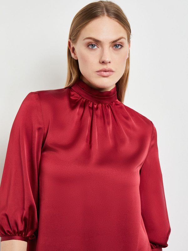 Pleated Mock Neck Crepe de Chine A-Line Dress, Scarlet Red Online now