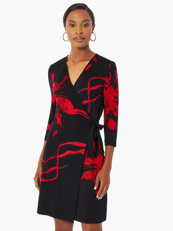 Brushstroke Pattern Knit Faux Wrap Dress Online Sale