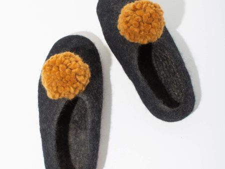 SALE - Pom Pom Felt Slippers - Dark Grey + Gold For Sale