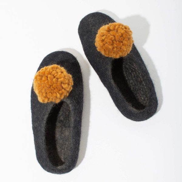 SALE - Pom Pom Felt Slippers - Dark Grey + Gold For Sale