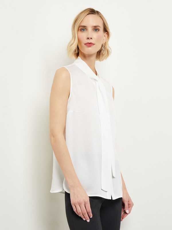 Tie-Neck Crepe de Chine Blouse, White Cheap