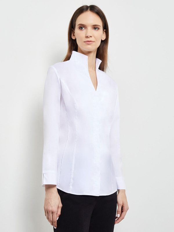 Hi-Neck Stretch Cotton Blouse, White Online Sale