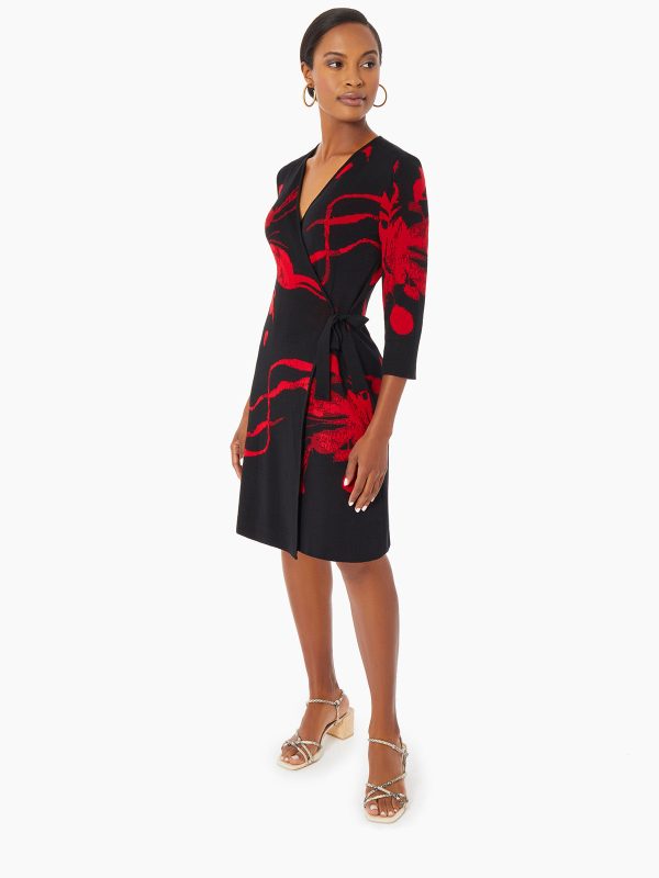 Brushstroke Pattern Knit Faux Wrap Dress Online Sale