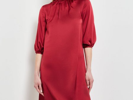 Pleated Mock Neck Crepe de Chine A-Line Dress, Scarlet Red Online now