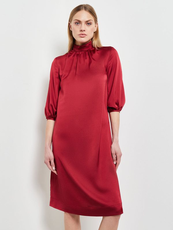 Pleated Mock Neck Crepe de Chine A-Line Dress, Scarlet Red Online now