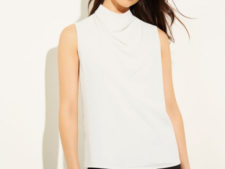 Sleeveless High Neck Draped Crepe de Chine Blouse, White Hot on Sale