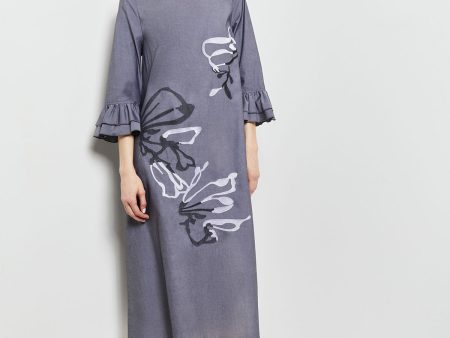 Floral Embroidered Cotton Poplin Midi Dress, Grey Fashion