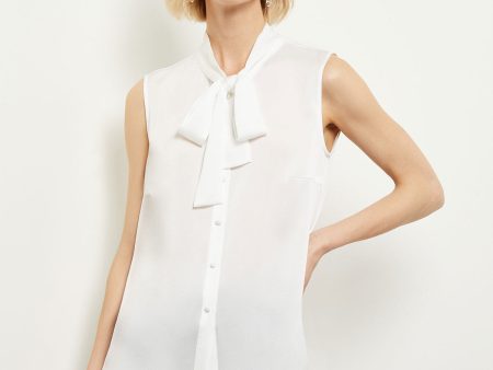 Tie-Neck Crepe de Chine Blouse, White Cheap