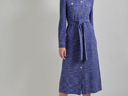 Belted Button Front Tweed Knit Midi Dress Fashion