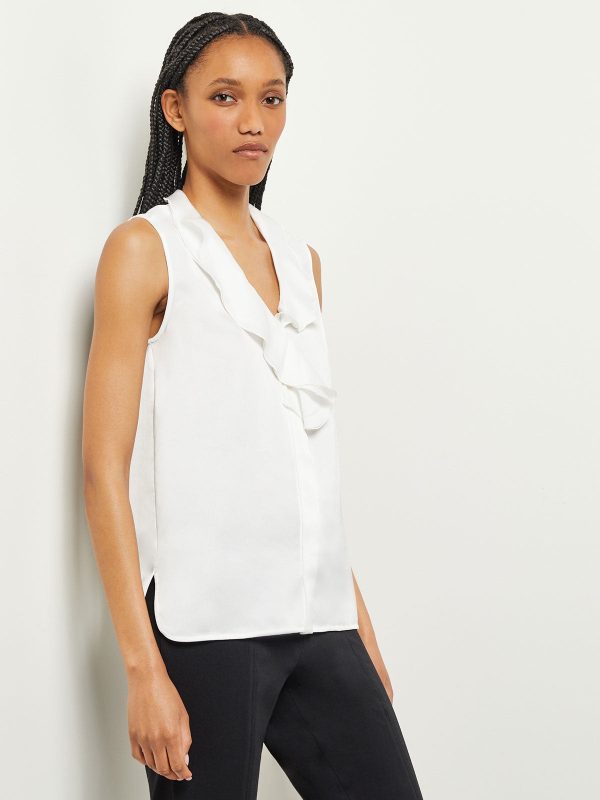 Waterfall Ruffle Crepe de Chine Blouse, White Sale