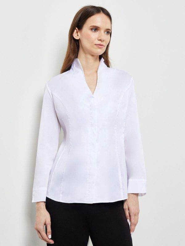 Hi-Neck Stretch Cotton Blouse, White Online Sale