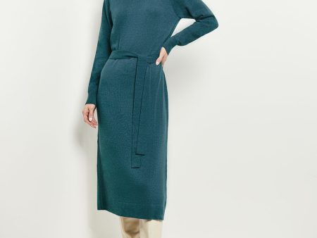 Belted Mock Neck Cashmere Dress, Marine Teal Supply